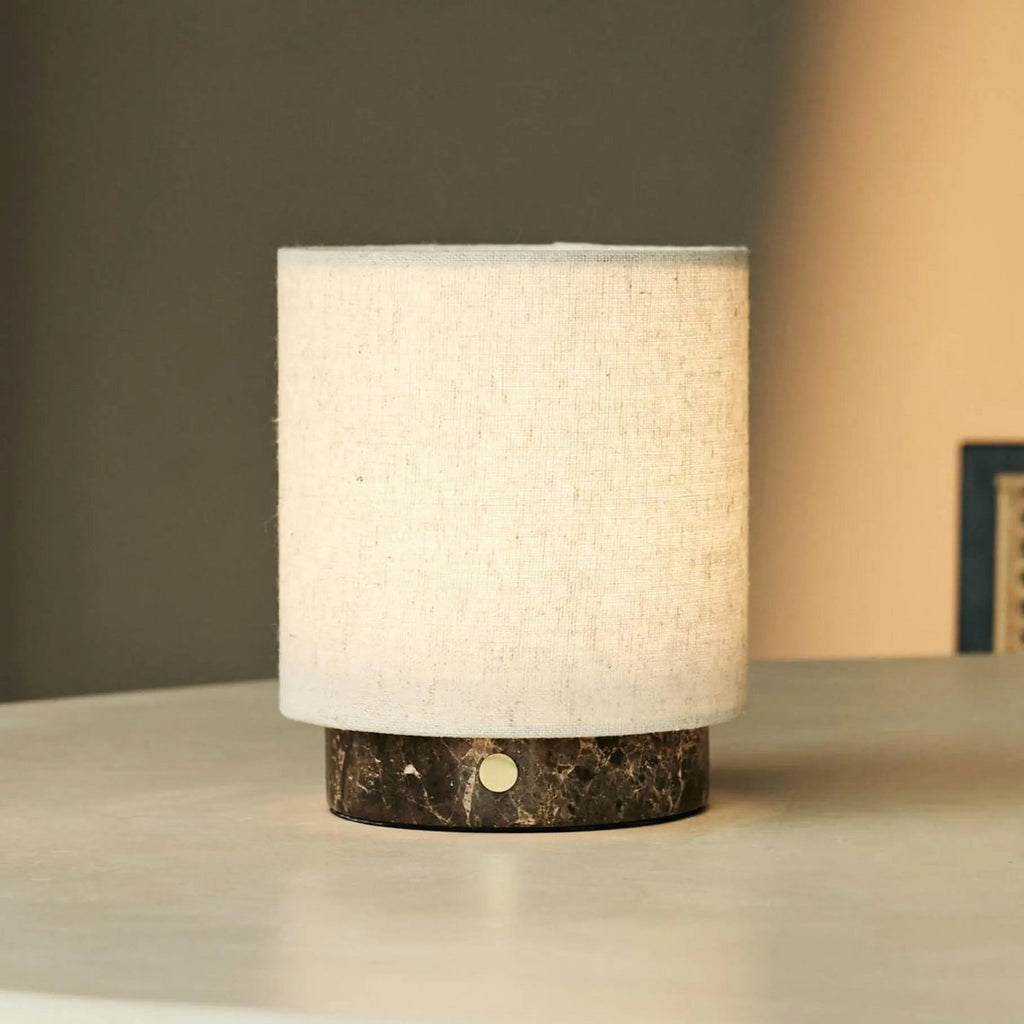 Mauve Beige & Brown / Emperador Dark - Marble oplaadbare taflamp - 3 lichte modi, draadloos en met linnen verwisselbare lampenkap