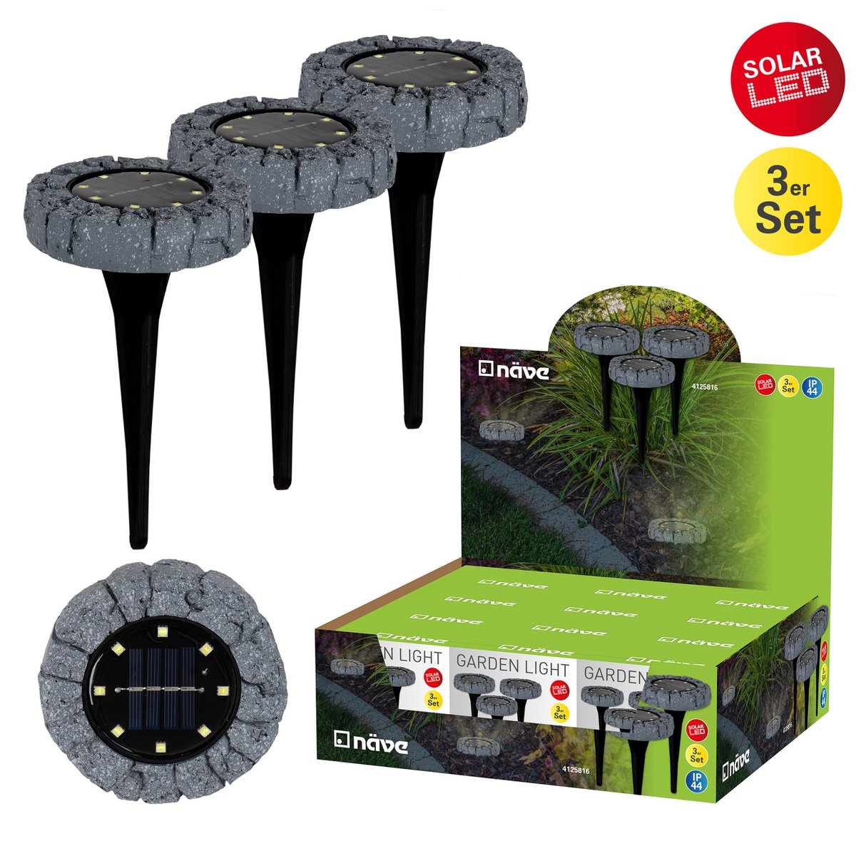 3 Set LED LED Solar-Floor-So-spit "Kian", voor buiten, plastic vloerlamp in grijs, met geïntegreerde LED