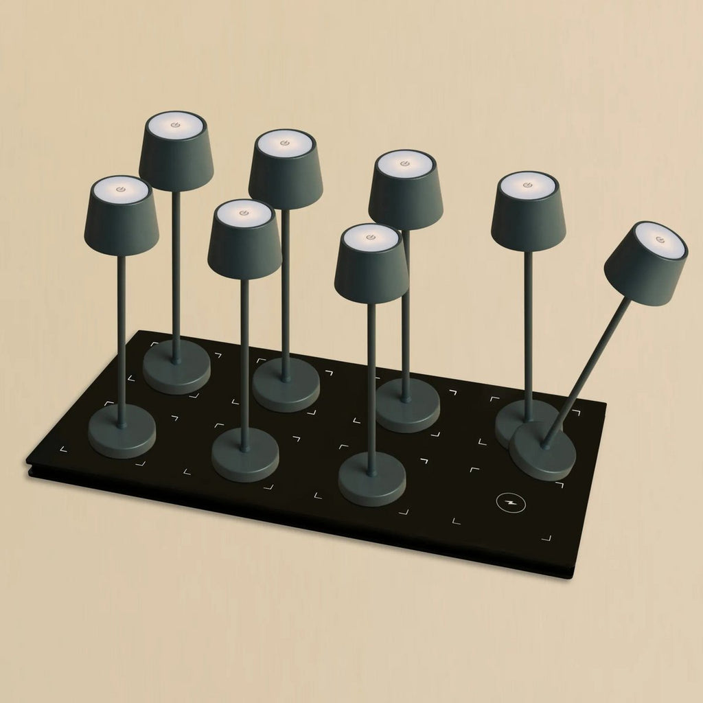 Combi Set Professional-8 X Vondel Mini Stone Gray Oplaadbare tafellampen & 1 x Central Station Draadloos laadstation met Q1-Technology N