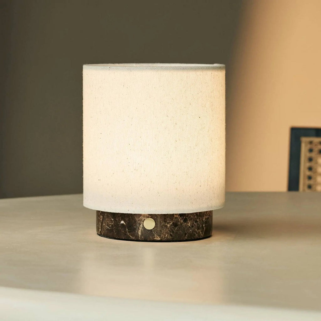 Mauve Cream & Brown / Emperador Dark - Marmeren oplaadbare tafellamp - 3 lichte modi, draadloos & & met linnen verwisselbare lampenkap