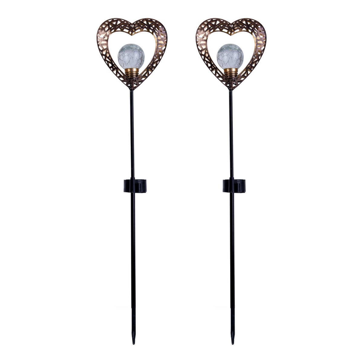 2 Set LED LED Solar Lamp "Heart" met Earth Skeer voor de tuin en terras gemaakt van metaal in zwart, en goud, met stevig ingebouwde LED's, 59 cm hoog