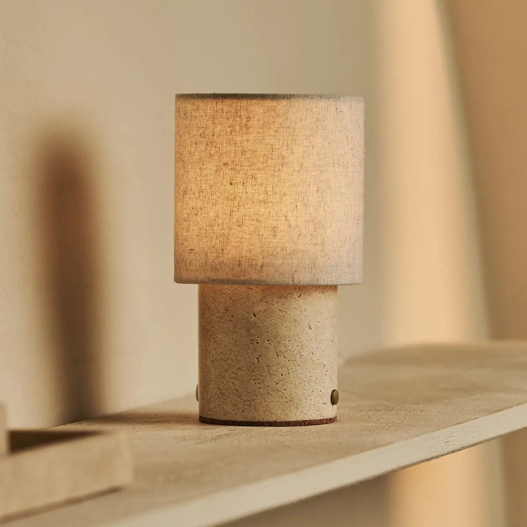 Onoda Beige / Travertino Classico - Travertine oplaadbare tafellamp - met linnen verwisselbare lampenkap en oplaadbaar ontwerp