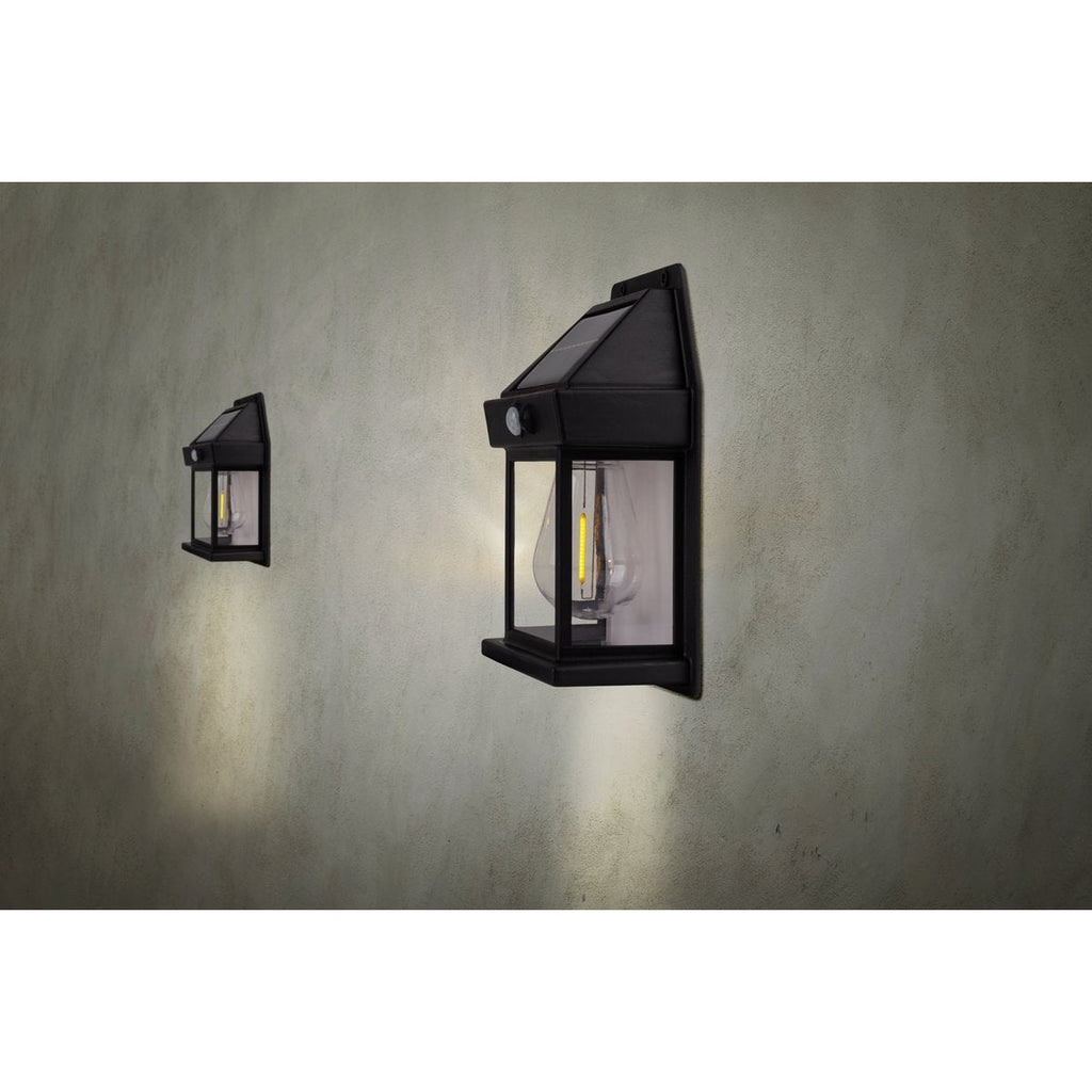 2 Set Solar Wall Lamp "Mira" ca. 17 cm hoog, gemaakt van zwart weerbestendig plastic, geïntegreerde LED in warm wit, inclusief bewegingsdetector en schemeringsensor