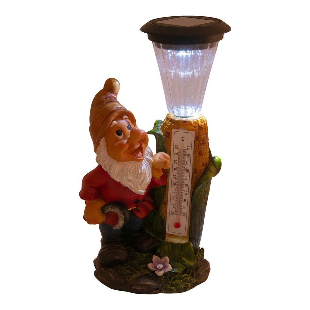 LED -decoratie Solar Light "Dwarf" met thermometer gemaakt van geschilderde polyresin, ongeveer 26 cm hoog en uitgerust met stevig geïnstalleerde LED's