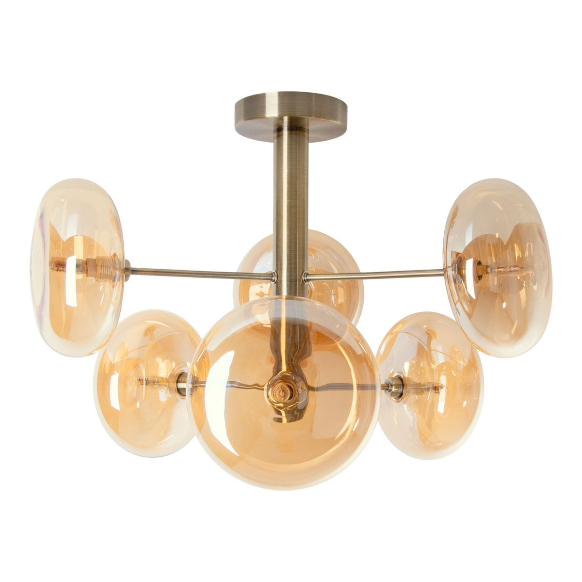 Plafondlamp "Orion" Ø ongeveer 53 cm barnsteen, gemaakt van messing gekleurd metaal en glas in barnsteen, G9-basis, verlichting voor woonkamer, eetkamer of kantoor.