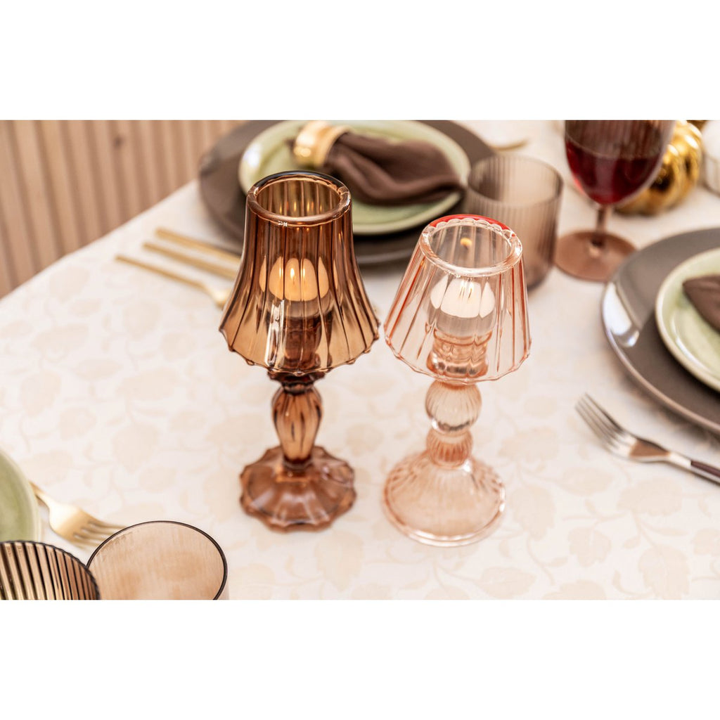 BRUINE KANDELAAR OP GLAZEN STANDAARD 10X10X24,5CM