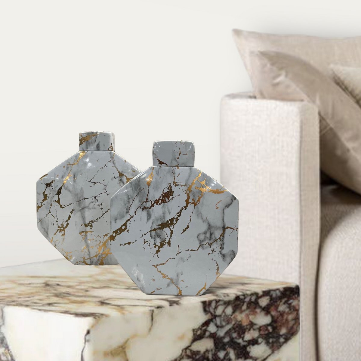 Gouden lak marmeren patroon zeshoek decoratieve pot (klein formaat)