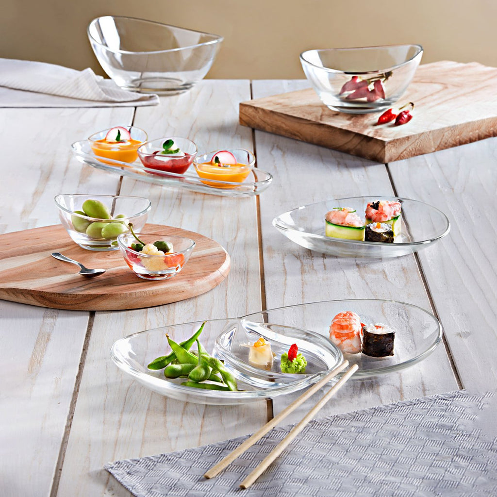 Aperitief set van 3 kopjes op transparant plateau 41 cm