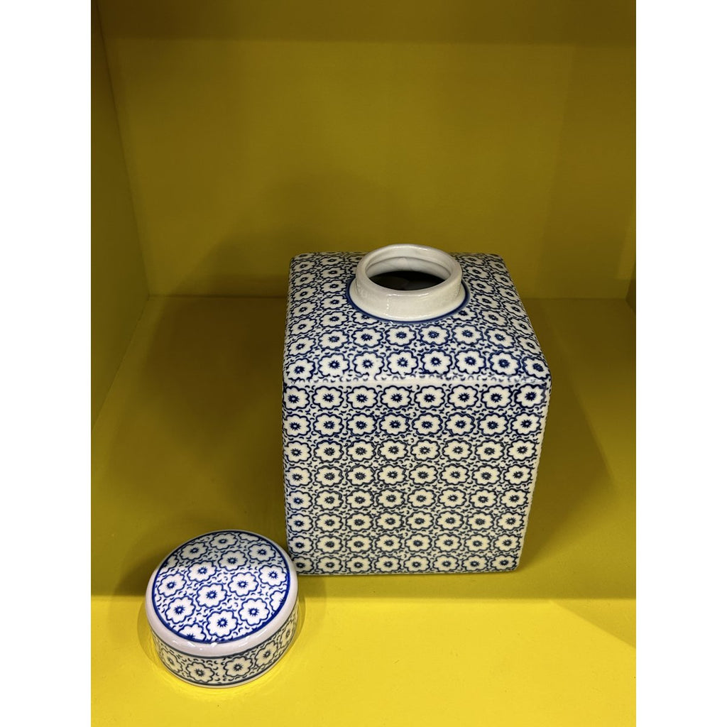 Blauw-witte porseleinen bloemenvaas (vierkante stijl)