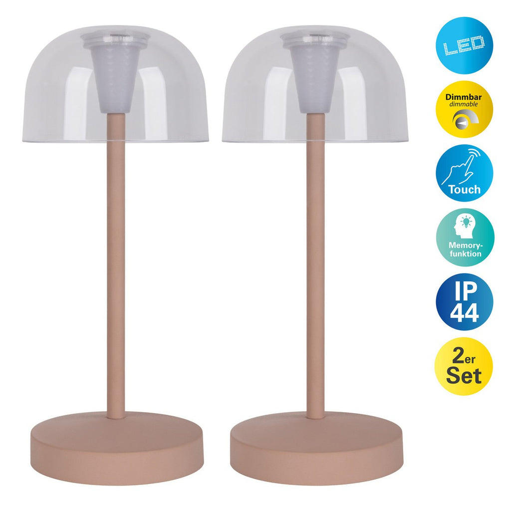 2-ex-ingestelde LED-batterijtafellamp "Gomba" voor buiten en binnen, gemaakt van metaal en plastic in matte amandel, 18,5 cm hoog