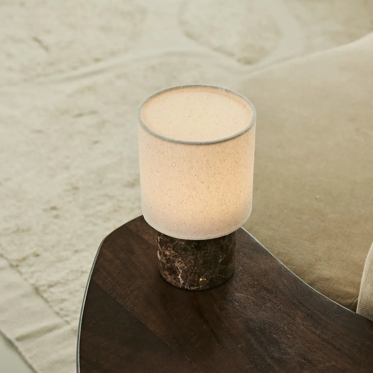 Onoda Brown / Emperador Dark - Marmeren oplaadbare tafellamp - met linnen verwisselbare lampenkap en oplaadbaar ontwerp