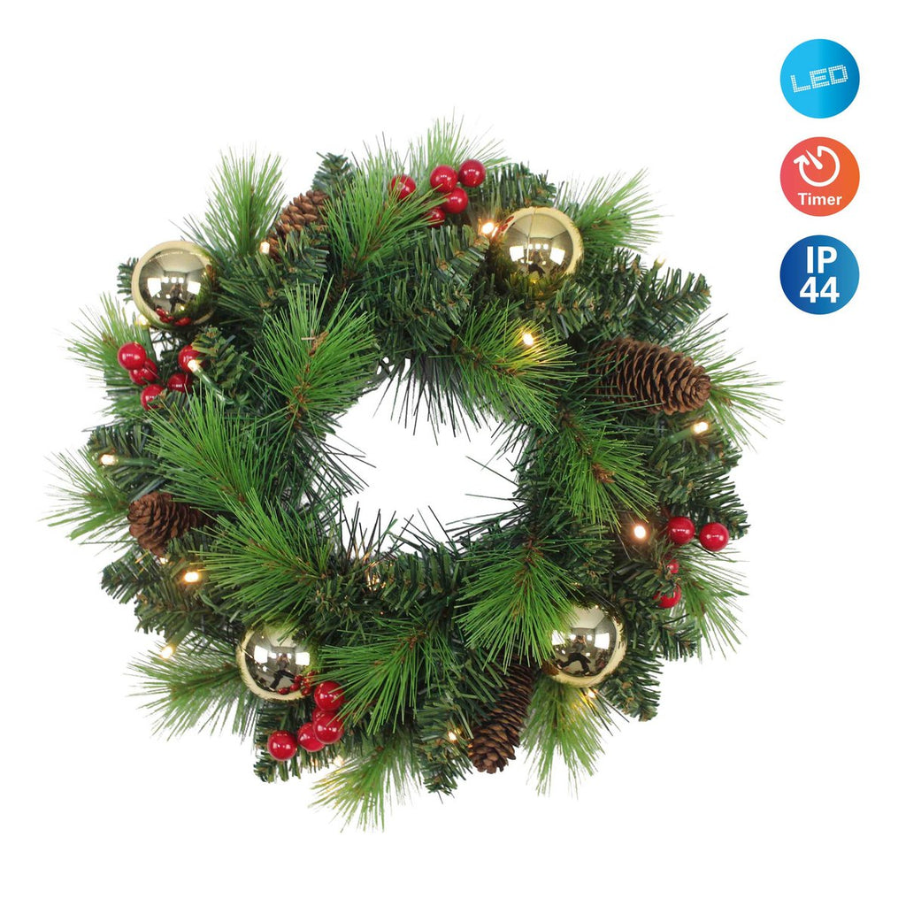 LED Kerstkrans "Noel" Outdoor Decoratie gemaakt van metaal en plastic in groen en goud, met stevig geïnstalleerde LED's