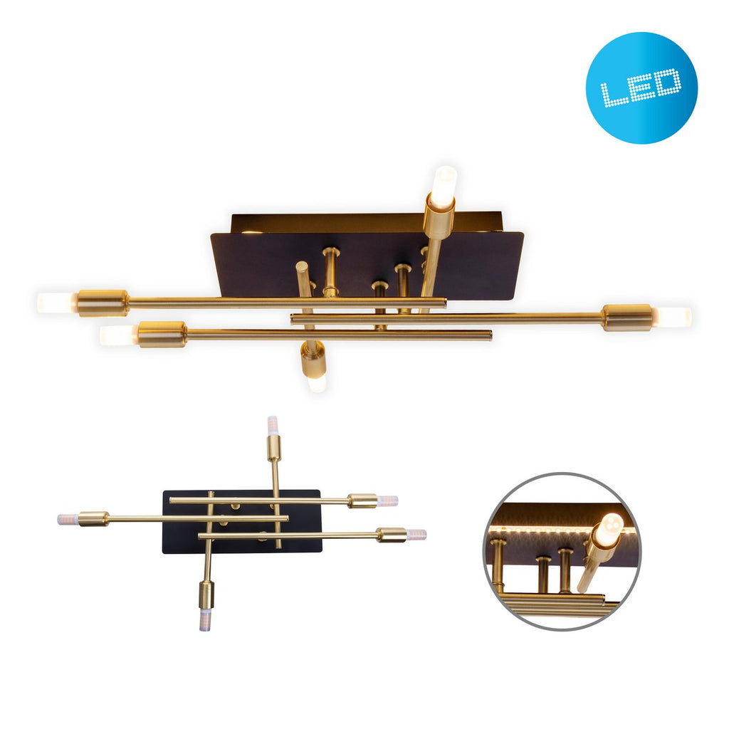 LED -plafondlamp "Ancona" met achtergrondverlichting gemaakt van metaal in zwart en messing, G9 -versies, lamp voor woonkamer, eetkamer, gang en kantoor, ca.