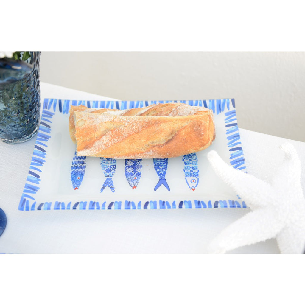 Rechthoekige schotel blauwe vis 35x25x2,8 cm