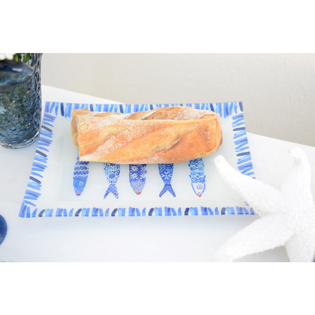 Rechthoekige schotel blauwe vis 35x25x2,8 cm