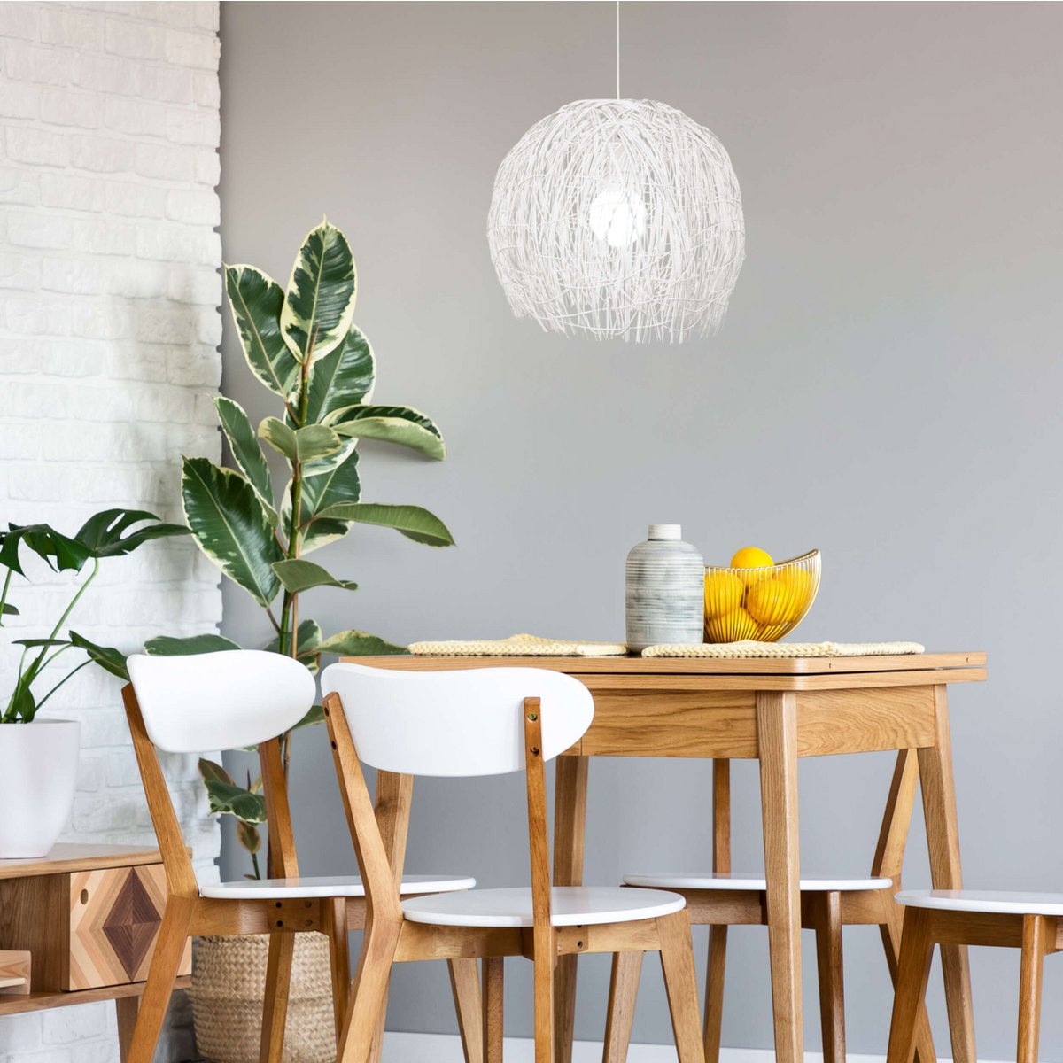 Korb hanger lamp "struwel" Ø 40, gemaakt van witte rattan, e27 -versie.