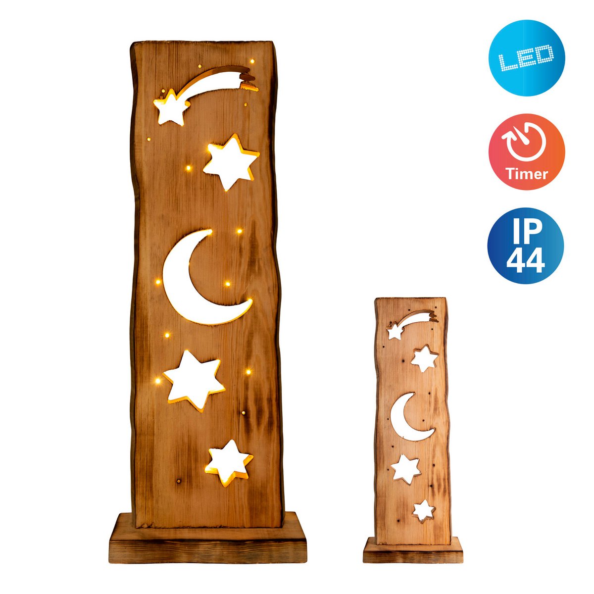LED Wood-Decolum Moon/Stars 60 cm High Christmas Decorations Made of Wood met stevig ingebouwde LED's