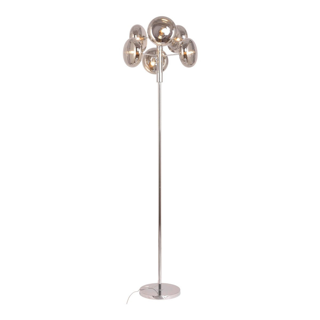 Staande lamp "Orion" rokerig, ongeveer 165 cm hoog, gemaakt van chroomkleurig, roestvrij staal en rookglas, G9-aansluiting, verlichting voor woonkamer, eetkamer of kantoor.