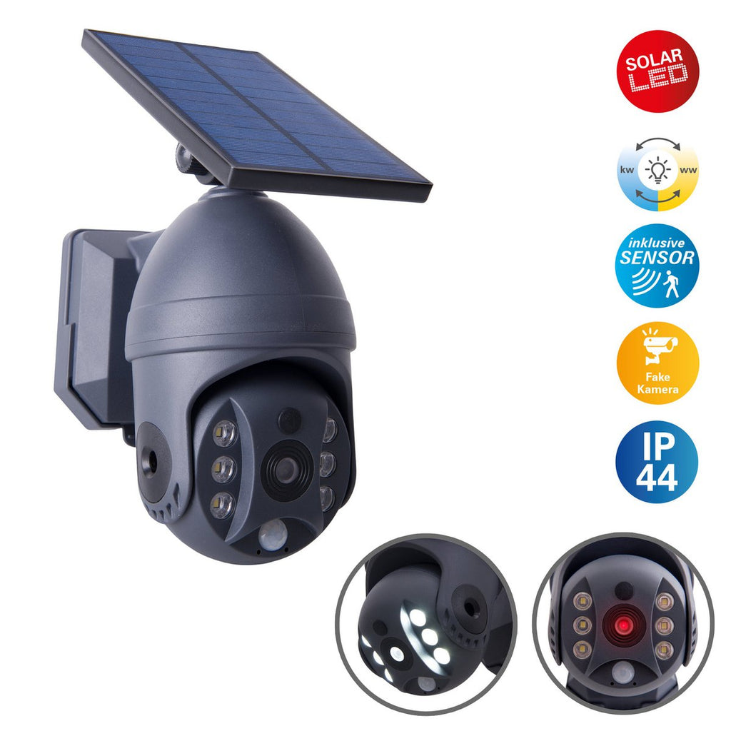 LED -zonne -buitenwandlamp "Moho" met bewegingsdetector en beveiligingscamera -vouw, wandlicht gemaakt van plastic in grijs, met geïntegreerde LED