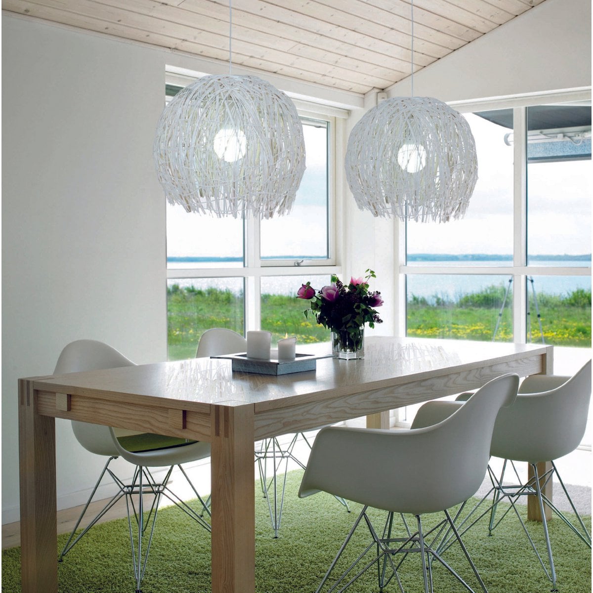 Korb hanger lamp "struwel" Ø 40, gemaakt van witte rattan, e27 -versie.