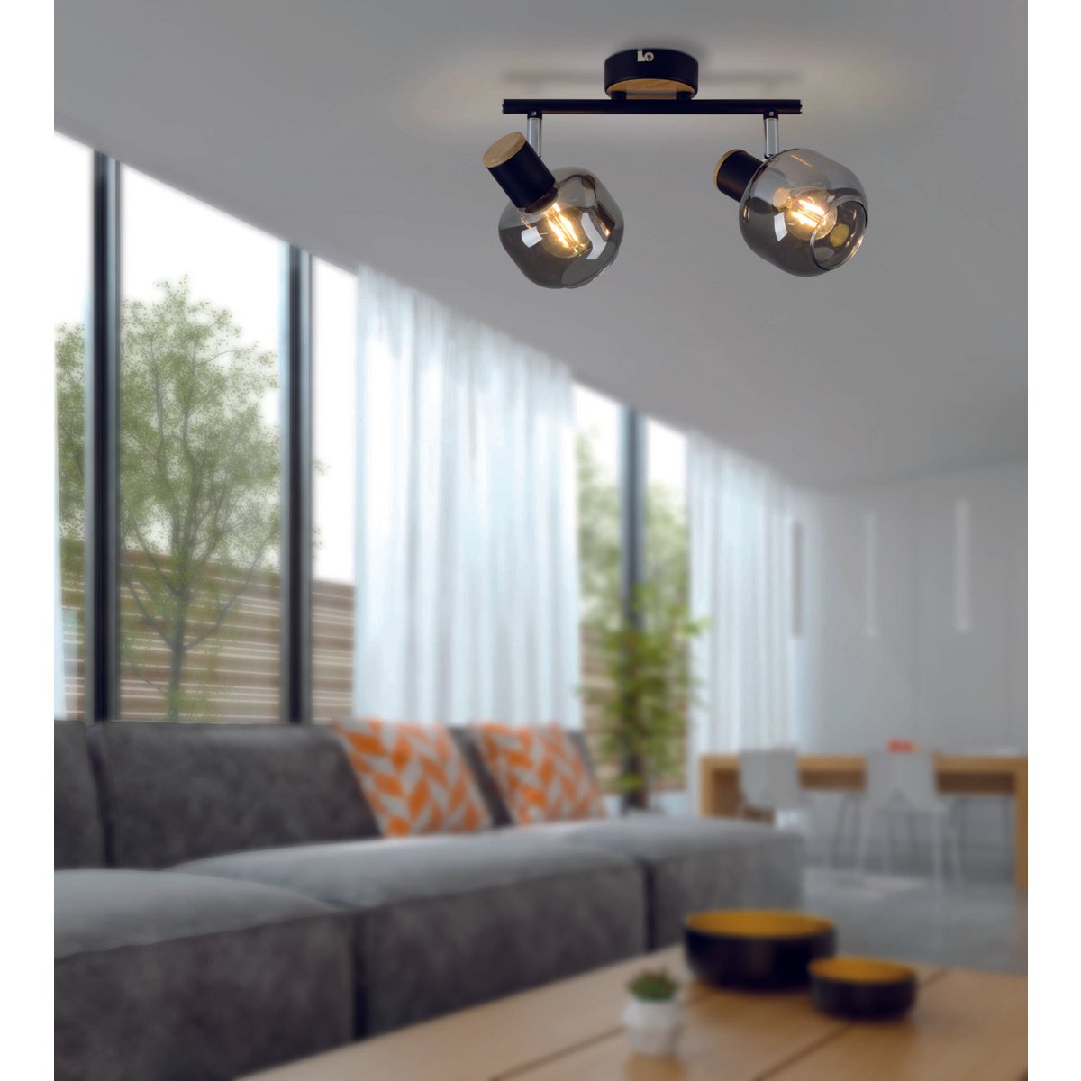 2 Spot plafondlamp "fumoso", metalen plafondlamp en rookglas in zwart en natuur, met E14 -aansluiting, voor eetkamer, woonkamer, gang of kantoor, 40 x 20 cm