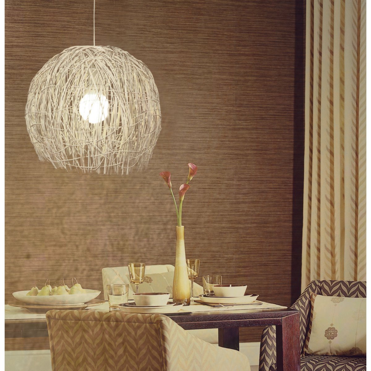 Korb hanger lamp "struwel" Ø 40, gemaakt van witte rattan, e27 -versie.