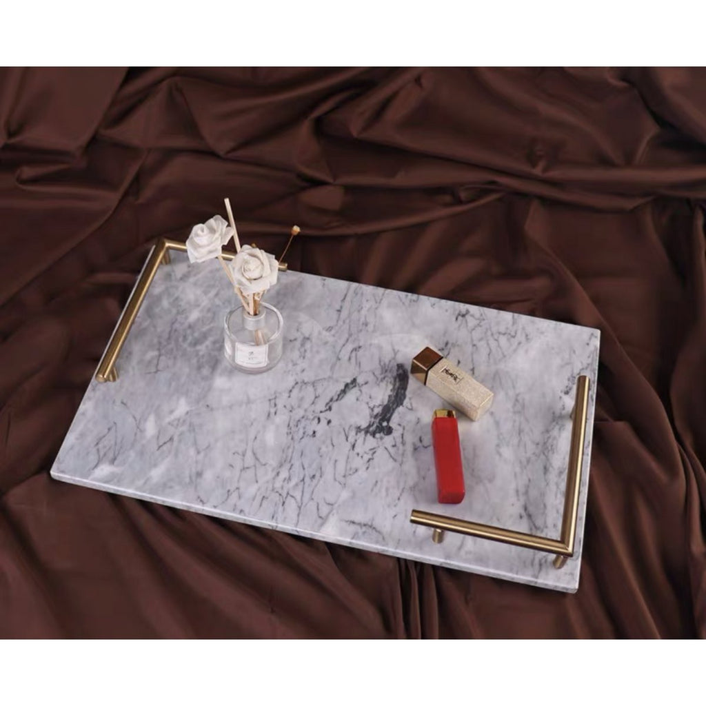 Marmeren dienblad met goudkleurige handgrepen, rechthoekig