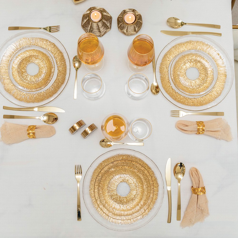 Gouden platte plaat in glas 28x28x2.5 cm - zon