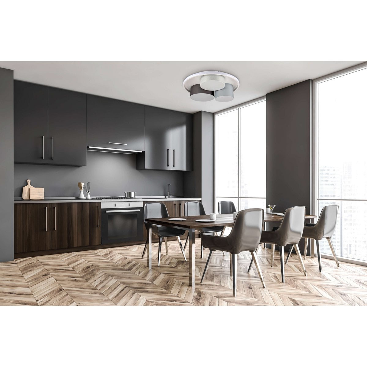 3-geleide plafondlicht "Eppan" Ø 56 cm, gemaakt van metaal, plastic en textiel in grijs, geïntegreerde LED's, verlichting voor woonkamer, kantoor of toegangsruimte