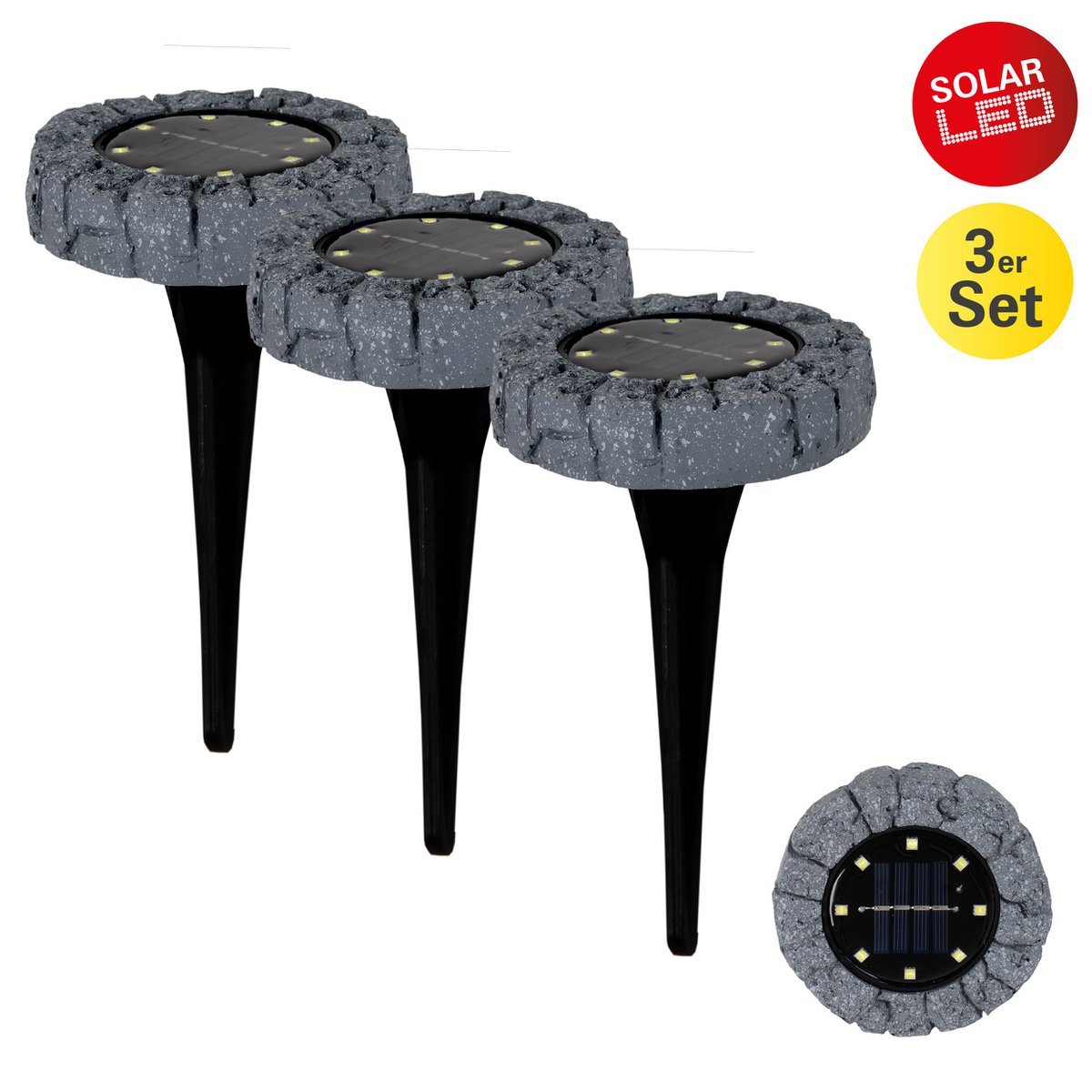 3 Set LED LED Solar-Floor-So-spit "Kian", voor buiten, plastic vloerlamp in grijs, met geïntegreerde LED