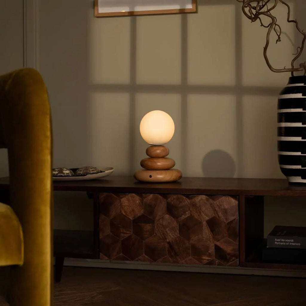 Isabella Houten & Glazen Oplaadbare Lamp - Snoerloos & Dimbaar