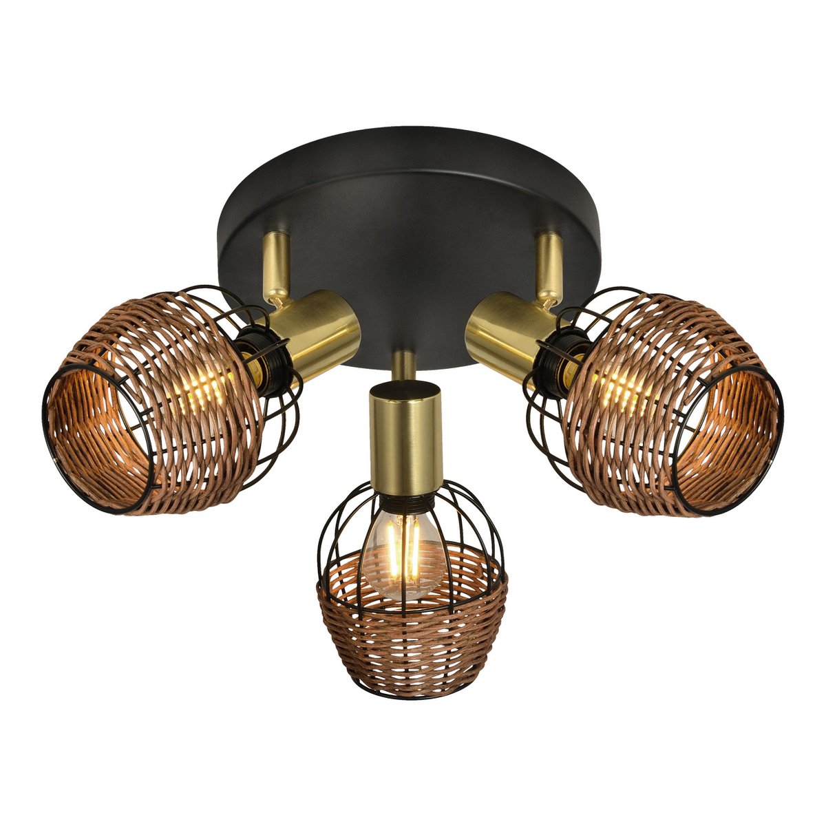 3 "Corbis" plafond Rondel, metalen plek in zwart, met goud en rattan, met E14 -aansluiting, voor eetkamer, woonkamer, gang of kantoor, verlichting voor woonkamer, eetkamer of kantoor, 38 cm diameter, diameter van 38 cm