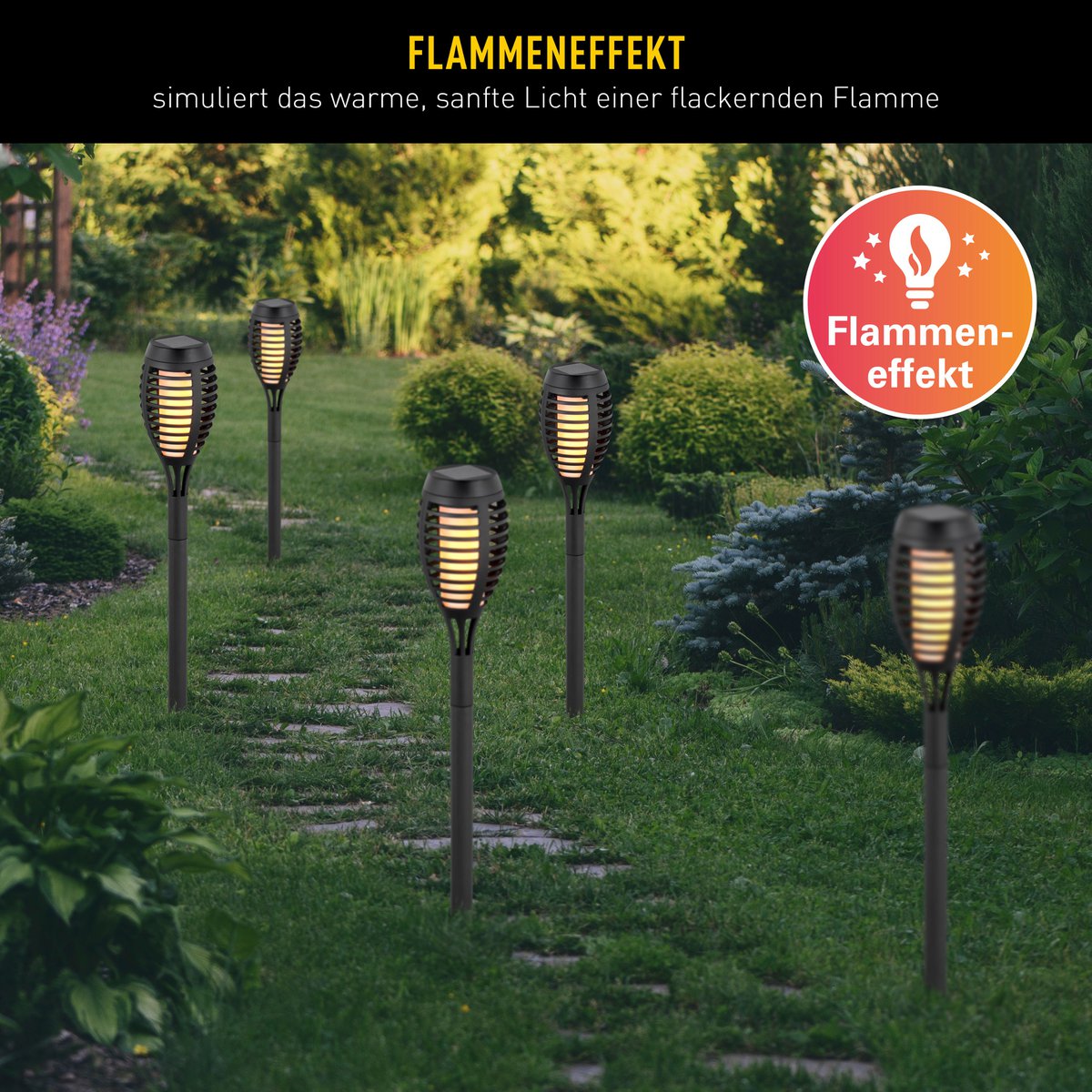 5 Set LED -aarde spies "Torch" 45 cm gemaakt van grijs plastic, met geïntegreerd LED, zonnelampje voor buiten