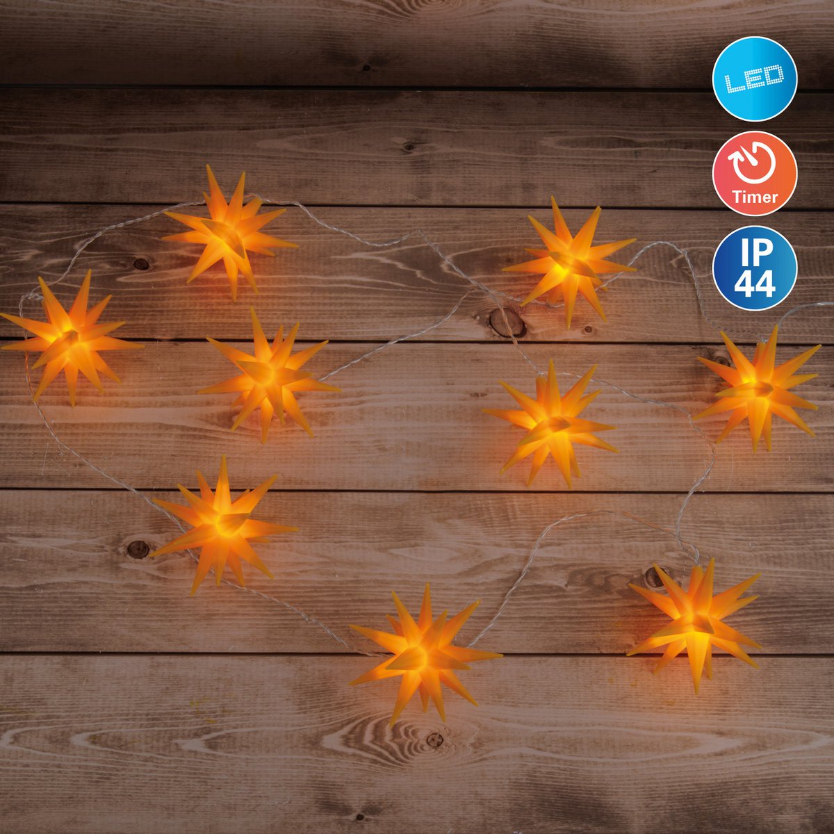 LED -lichte keten "3D -sterren" gemaakt van plastic in geel, met stevig geïnstalleerde LED's, kerstdecoraties voor buiten