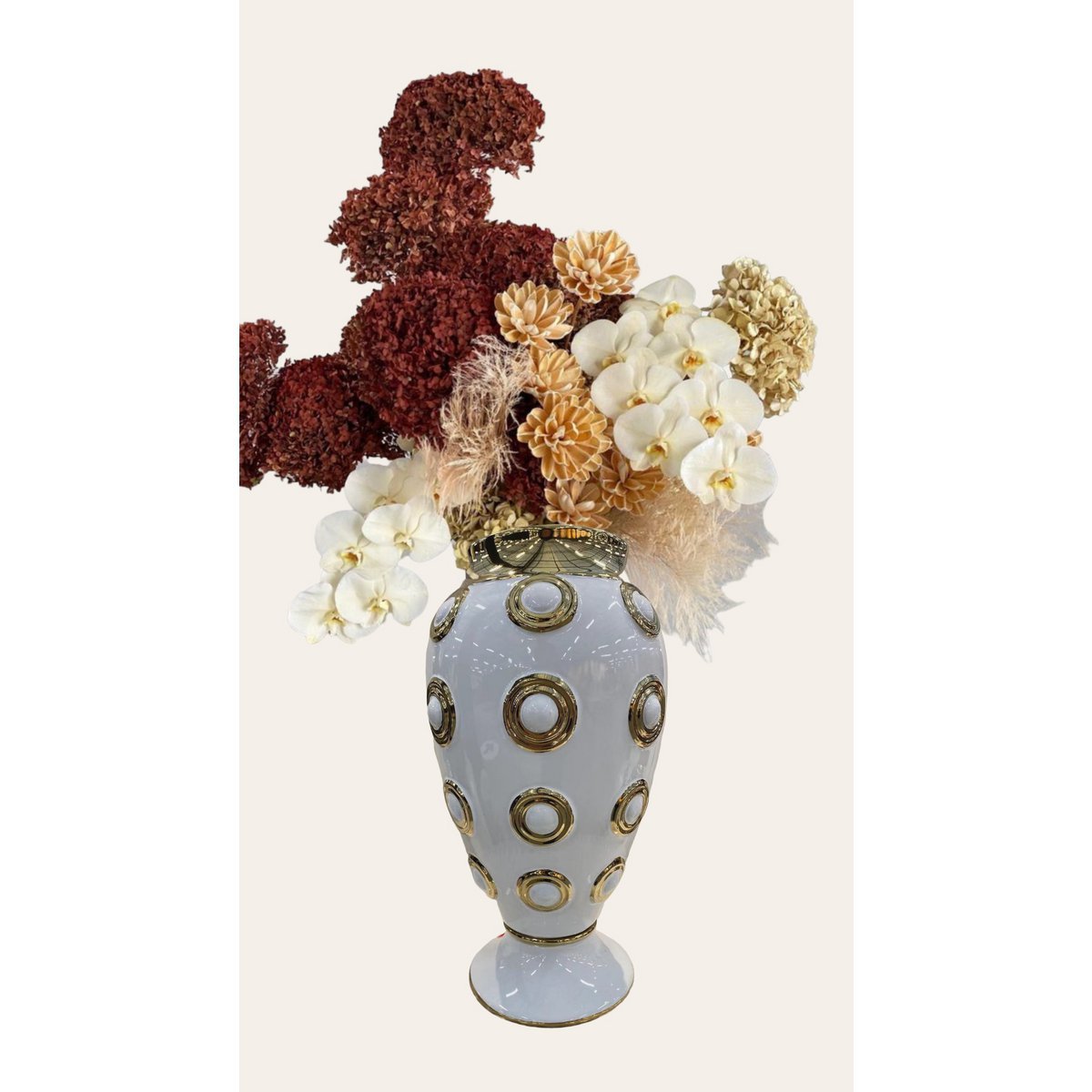 Witgouden grote vaas met 4 cirkels H46cm (CV11617-17WIT)