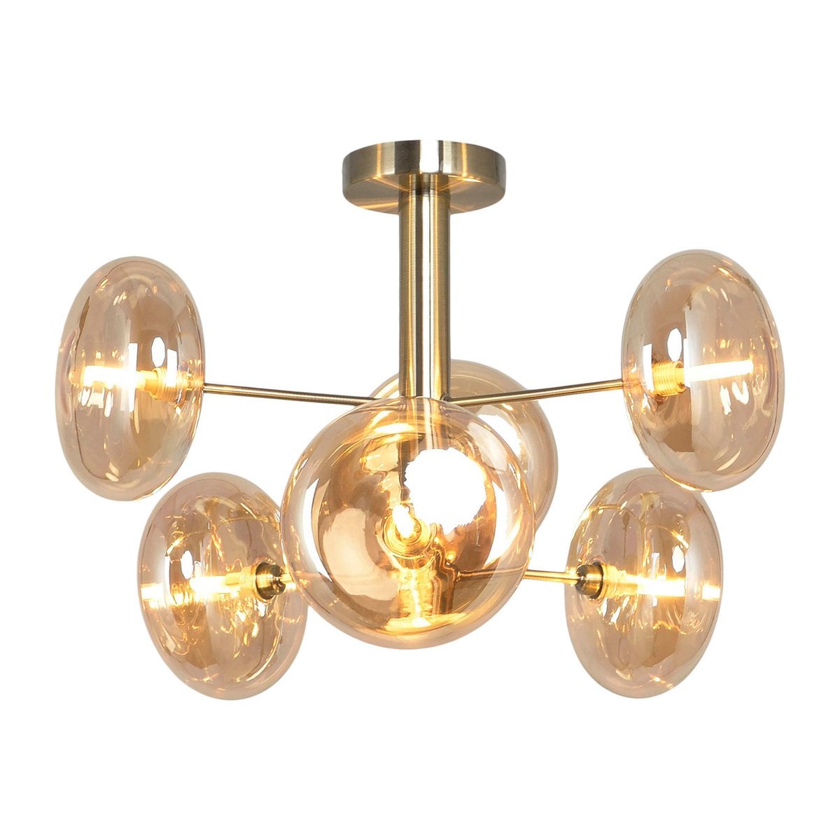 Plafondlamp "Orion" Ø ongeveer 53 cm barnsteen, gemaakt van messing gekleurd metaal en glas in barnsteen, G9-basis, verlichting voor woonkamer, eetkamer of kantoor.