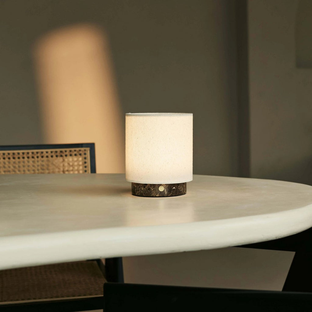 Mauve Cream & Brown / Emperador Dark - Marmeren oplaadbare tafellamp - 3 lichte modi, draadloos & & met linnen verwisselbare lampenkap