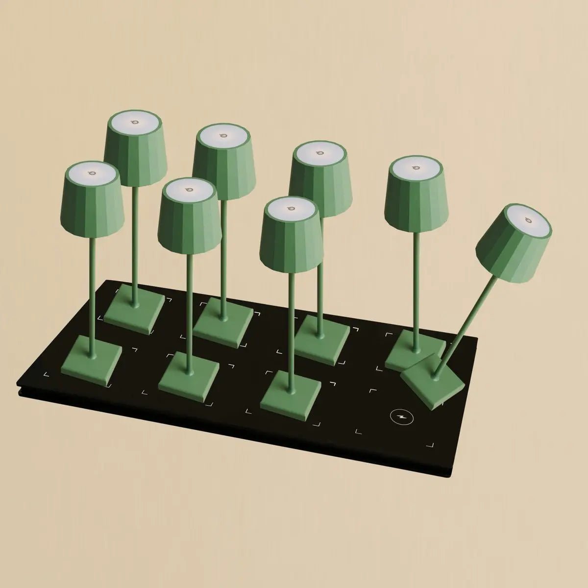 Combi Set Professional-8 x Wouter Saly Green Oplaadbare tafellampen & 1 x Central Station draadloos laadstation met Qi-Technology