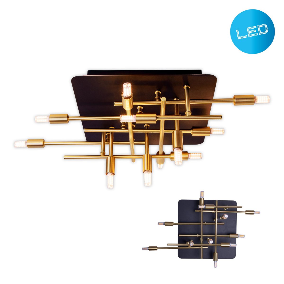 LED -plafondlamp "Ancona" met achtergrondverlichting gemaakt van metaal in zwart en messing, G9 -versies, lamp voor woonkamer, eetkamer, gang en kantoor, ca.