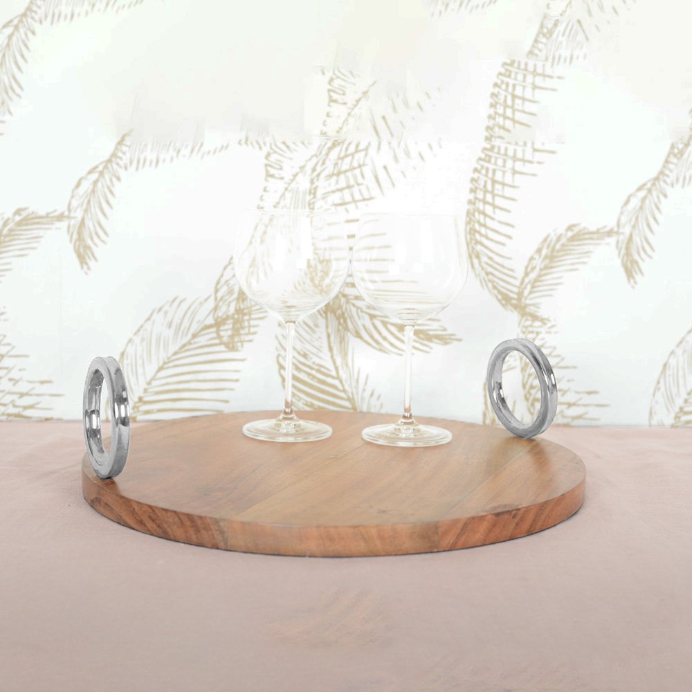 ROND HOUTEN DIENBLAD MET ZILVEREN HANDVAT 38X38X11CM