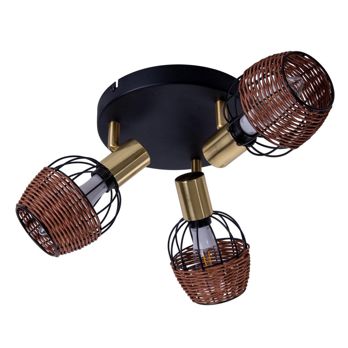 3 "Corbis" plafond Rondel, metalen plek in zwart, met goud en rattan, met E14 -aansluiting, voor eetkamer, woonkamer, gang of kantoor, verlichting voor woonkamer, eetkamer of kantoor, 38 cm diameter, diameter van 38 cm