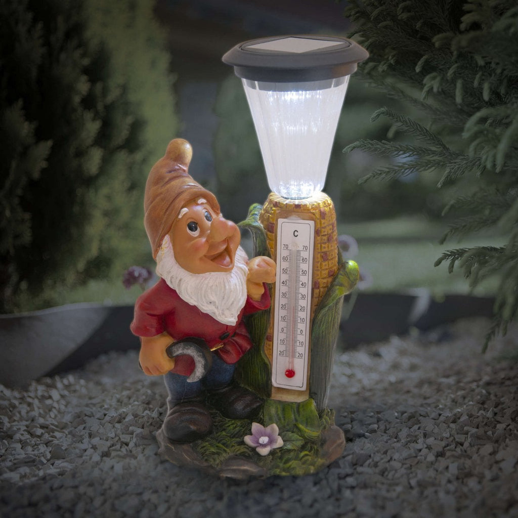 LED -decoratie Solar Light "Dwarf" met thermometer gemaakt van geschilderde polyresin, ongeveer 26 cm hoog en uitgerust met stevig geïnstalleerde LED's