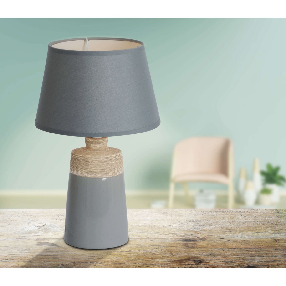 Liv · Houten tafellamp met linnen kap — grijs
