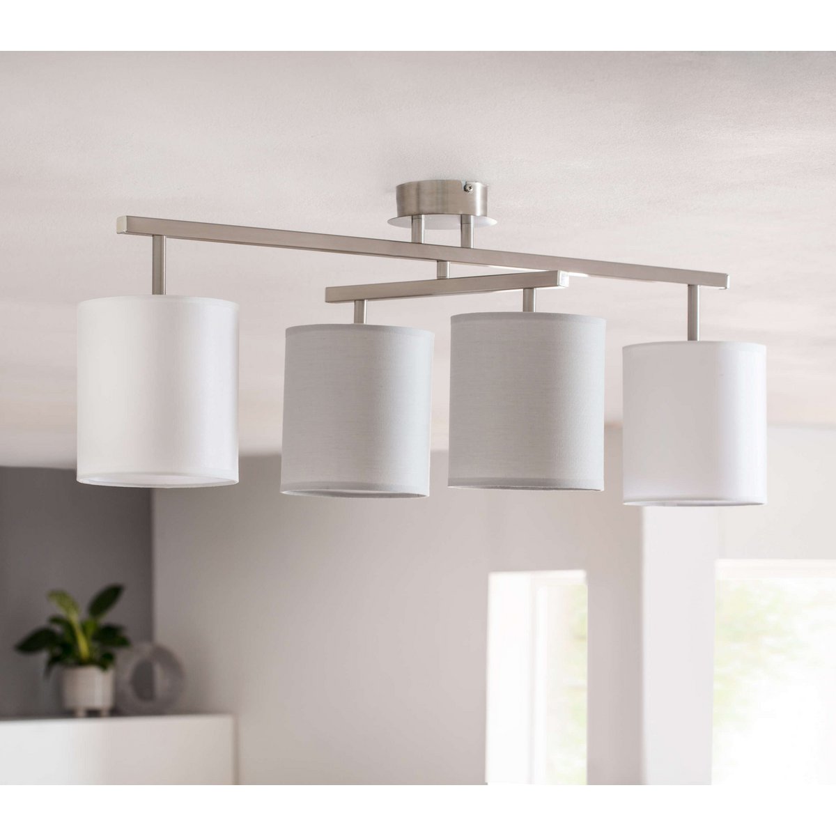 4 plafondlamp "tilde", klassieke metalen plafondlamp en textiel in grijs met E27 -aansluiting, 82 cm lang, de paraplu's zijn verstelbaar, ideaal voor woonkamer, eetkamer en slaapkamer