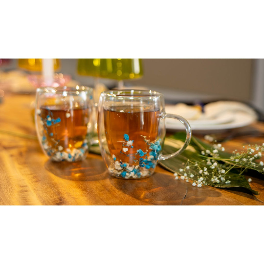 Dubbele wall theekopjes blauwe en witte bloemen 350 ml -lot van 2