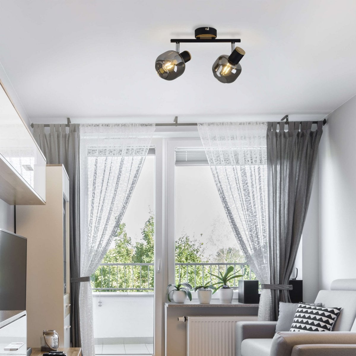 2 Spot plafondlamp "fumoso", metalen plafondlamp en rookglas in zwart en natuur, met E14 -aansluiting, voor eetkamer, woonkamer, gang of kantoor, 40 x 20 cm