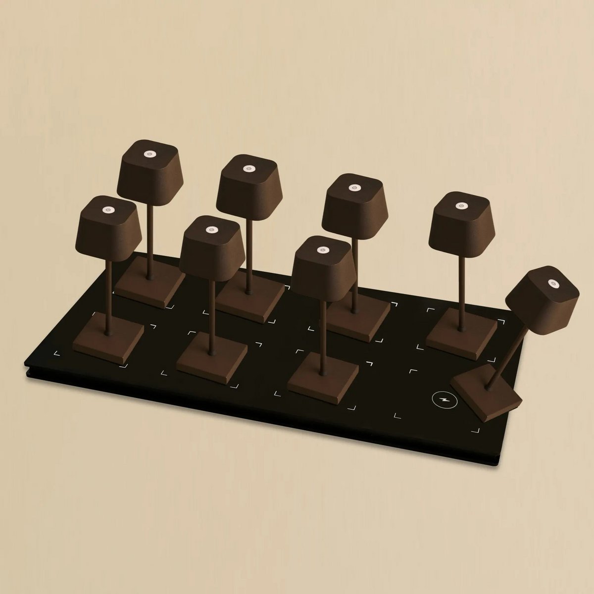 Combi Set Professional-8 X Sarphati Mini Mocha Brown oplaadbare tafellampen & 1 x Central Station draadloos laadstation met Qi-Technology-