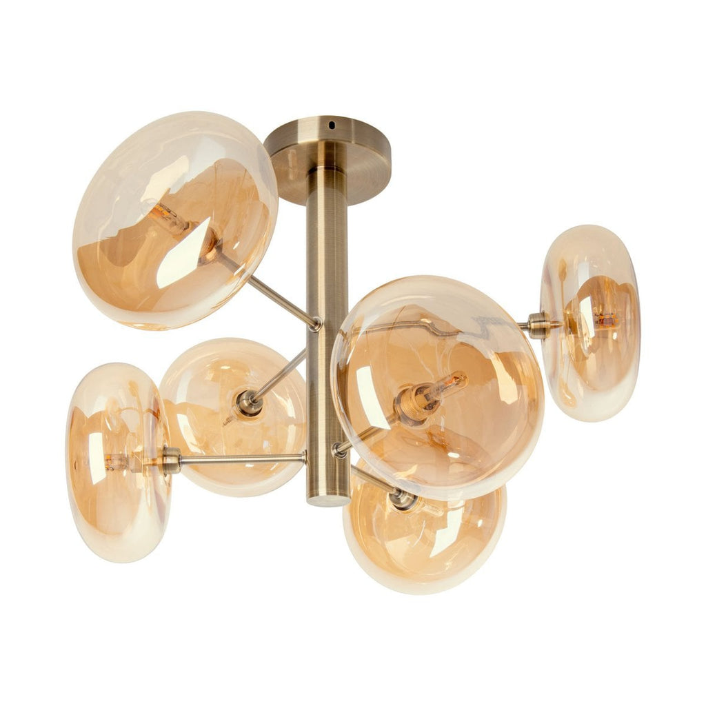Plafondlamp "Orion" Ø ongeveer 53 cm barnsteen, gemaakt van messing gekleurd metaal en glas in barnsteen, G9-basis, verlichting voor woonkamer, eetkamer of kantoor.