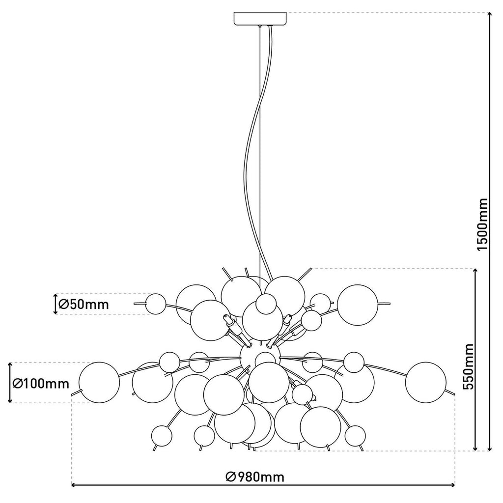 Hanger lamp "explosie" chroom gemaakt van metaal en glas, G9 -versies, hangende lamp voor eetkamer, woonkamer, gang of kantoor, Øca. 98 cm
