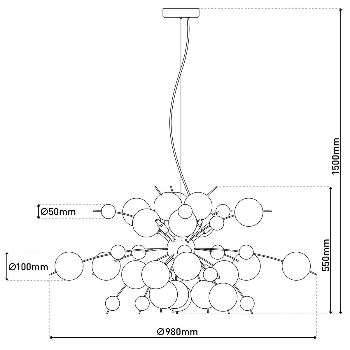 Hanger lamp "explosie" chroom gemaakt van metaal en glas, G9 -versies, hangende lamp voor eetkamer, woonkamer, gang of kantoor, Øca. 98 cm